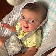 Roslyn joined the competition — help win amazing prizes! baby, child, smile, blue_eyes, baby_seat, toy, soft_toy, cushion, striped, yellow_clothing, infant, indoors, seat_belt, happy, cute, portrait, person, baby_girl, playful, comfort