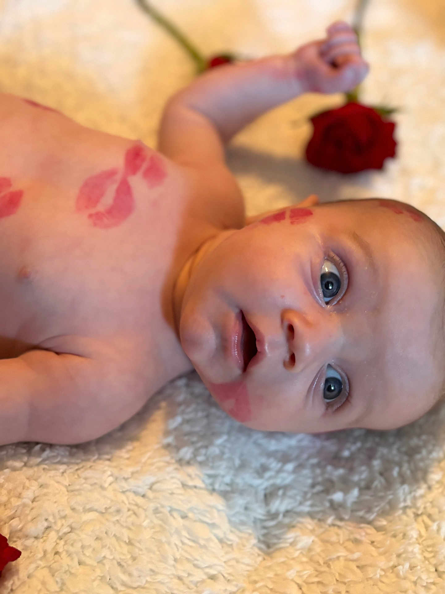 Charlie joined the competition — help win amazing prizes! baby, infant, face, eyes, kiss_marks, lipstick_marks, rose, flower, blanket, skin, bare_torso, lying_down, portrait, gaze, closeup, cheek, mouth, arm, newborn, playful