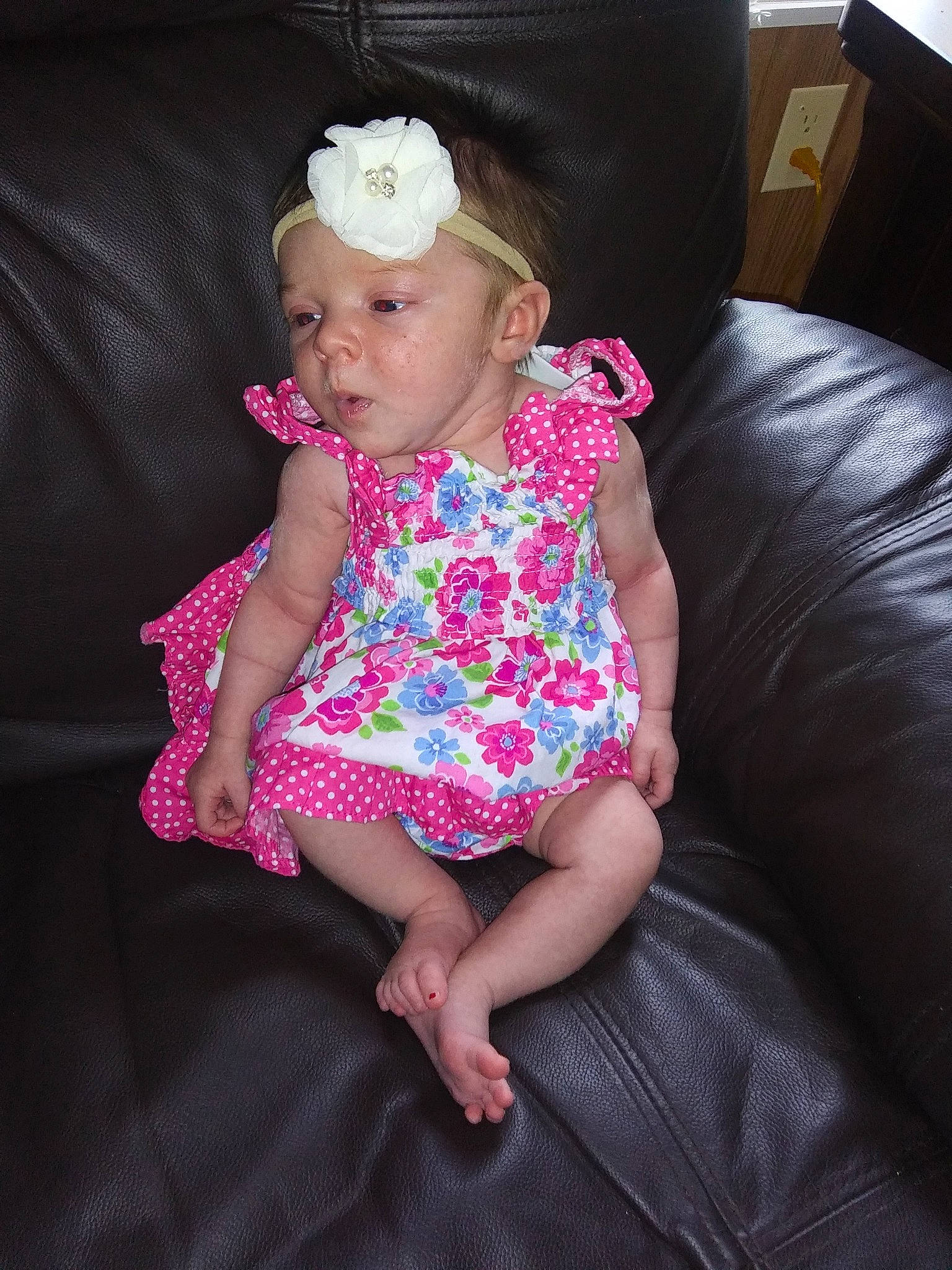 Abrielle joined the competition — help win amazing prizes! baby, baby_toddler_clothing, child, design, dress, fashion_accessory, furniture, hair_accessory, headband, headgear, headpiece, leg, magenta, pattern, person, pink, product, sitting, skin, textile