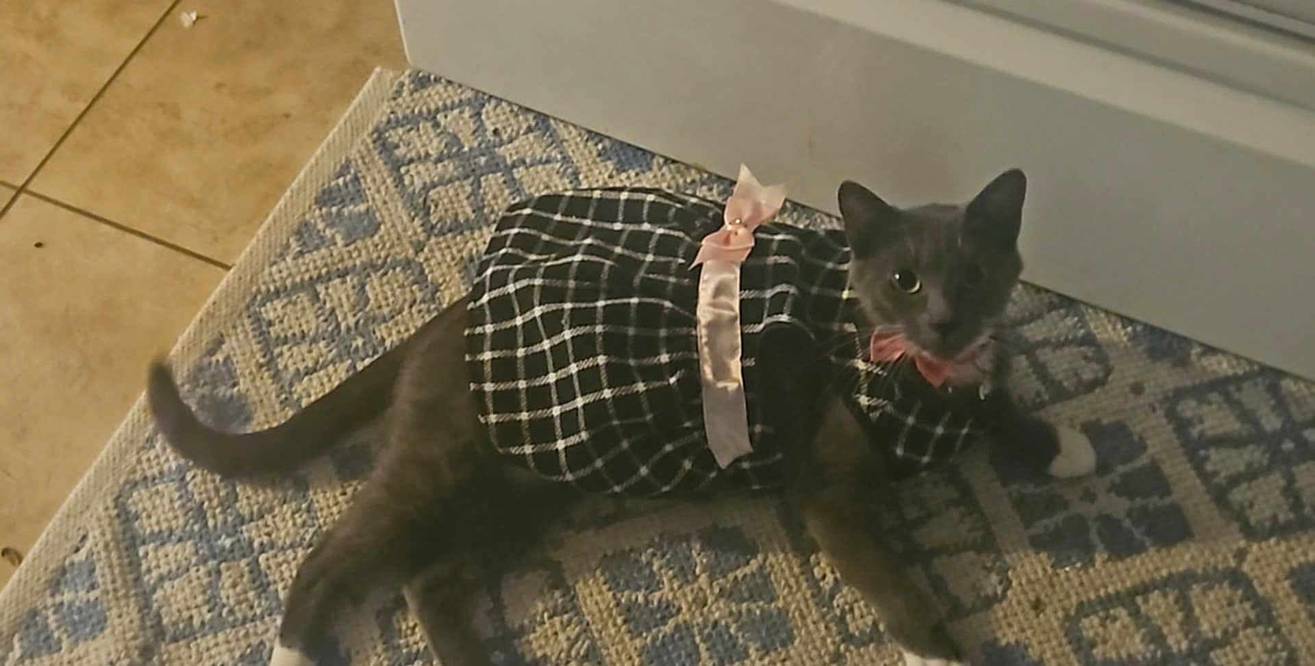 Dumpling joined the competition — help win amazing prizes! cat, gray_cat, pet, animal, rug, floor, tile_floor, clothing, dress, bow, pink_bow, black_and_white, patterned_rug, indoor, curious, one_eye_visible, paw, feline, cute, costume
