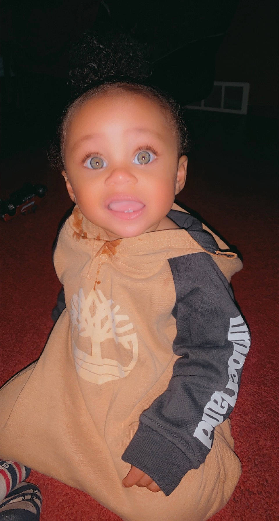 Kamron joined the competition — help win amazing prizes! baby, baby_toddler_clothing, cheek, chest, ear, elbow, flash_photography, flooring, fun, gesture, magenta, neck, nose, person, personal_protective_equipment, pink, skin, sleeve, t_shirt, thumb