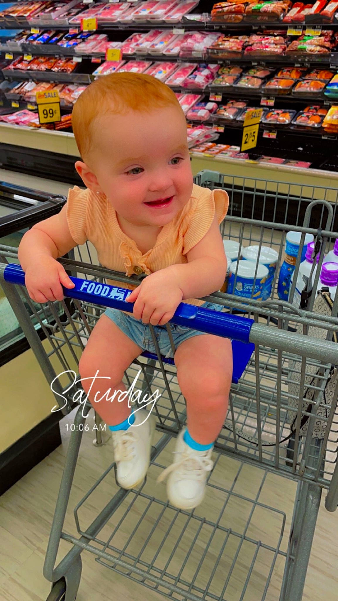 Alayna joined the competition — help win amazing prizes! baby, child, electric_blue, fun, happy, human_body, joint, joy, leg, leisure, organ, person, photograph, product, shelf, shopping_cart, shorts, smile, snapshot, thigh