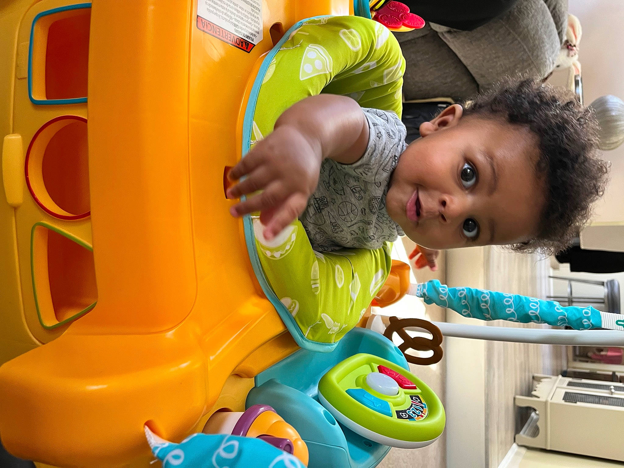 Shaun joined the competition — help win amazing prizes! baby, baby_playing_with_toys, baby_products, baby_toddler_clothing, baby_toys, blue, child, fun, green, happy, leisure, person, plastic, play, product, recreation, room, snapshot, surprise, toddler
