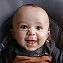 baby, infant, smiling, happy, face, eyes, clothing, seat, cushion, child, portrait, cute, expression, person, indoors, young, cozy, apparel, head, closeup