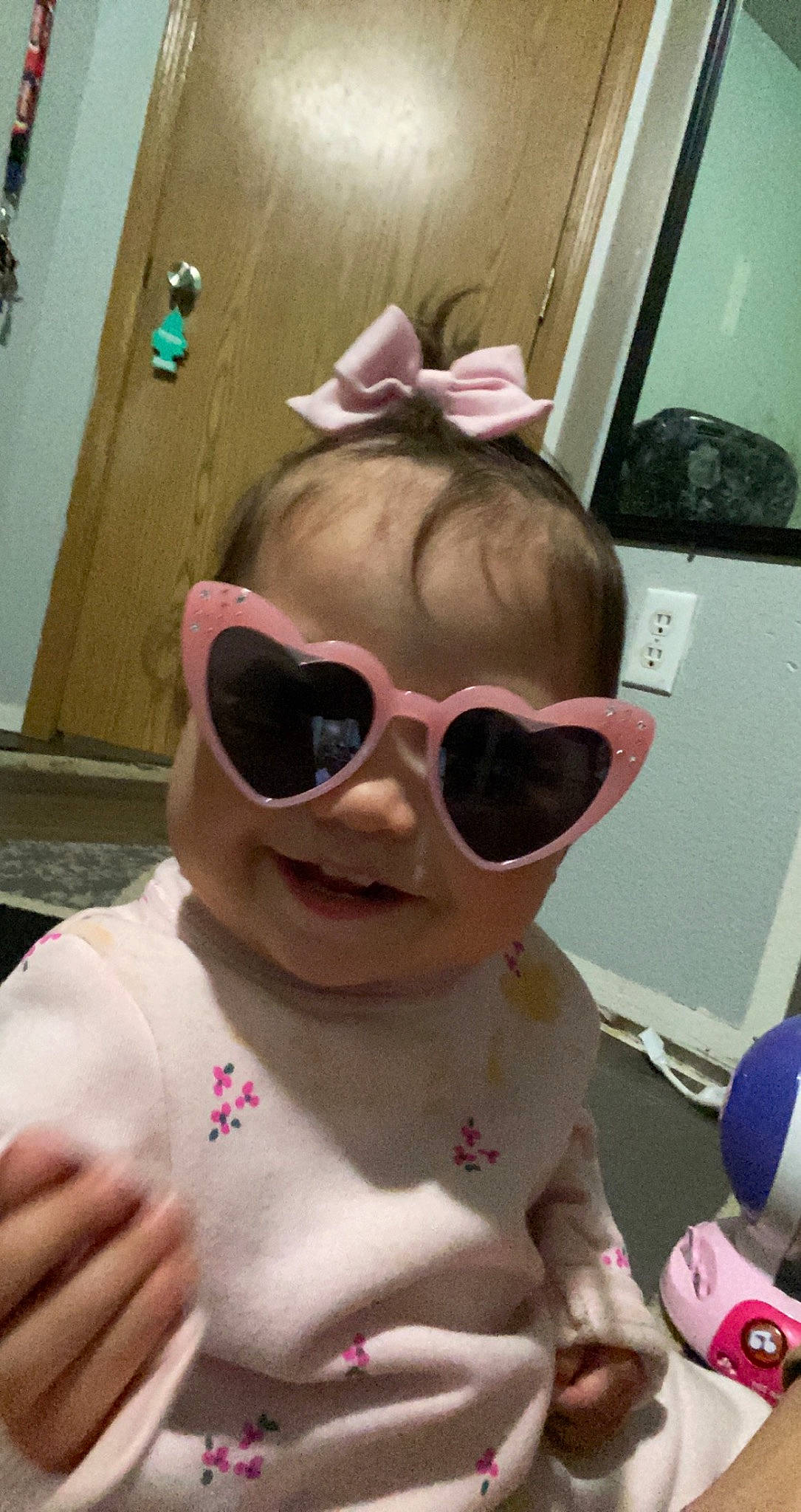 Aniyah joined the competition — help win amazing prizes! cheek, ear, eyewear, face, fun, gesture, glasses, goggles, happy, head, lip, mouth, nose, person, pink, skin, smile, sunglasses, toddler, vision_care