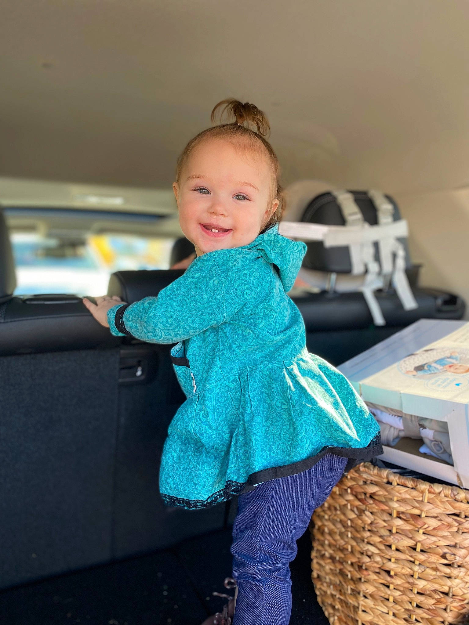 Atlee joined the competition — help win amazing prizes! baby, baby_toddler_clothing, bag, basket, child, electric_blue, flash_photography, formal_wear, fun, happy, joy, leisure, pattern, person, picnic_basket, room, sitting, smile, storage_basket, toddler