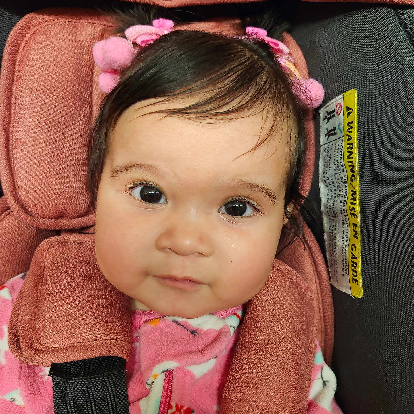 Victoria Evangeline is registered to the contest to win money with this photo: baby, car_seat, child, child_seat, closeup, comfort, cute, expression, eyes, fabric, face, hair_accessories, head, indoors, infant, pink_clothing, portrait, seat, straps, young_child
