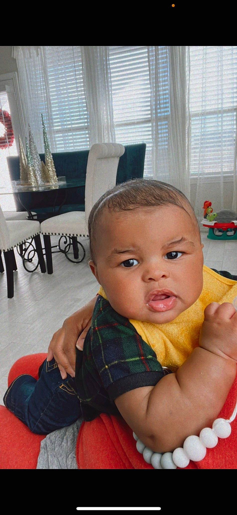 Preston joined the competition — help win amazing prizes! baby, baby_toddler_clothing, cheek, curtain, eyelash, finger, floor, flooring, fun, happy, iris, mouth, nose, person, sitting, skin, tartan, toddler, window, window_blind