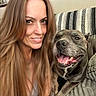 Zeus joined the competition — help win amazing prizes! woman, dog, smile, long_hair, indoor, blanket, couch, pet, happy, portrait, canine, friendship, relaxing, companion, furniture, face, animal, cozy, casual, home