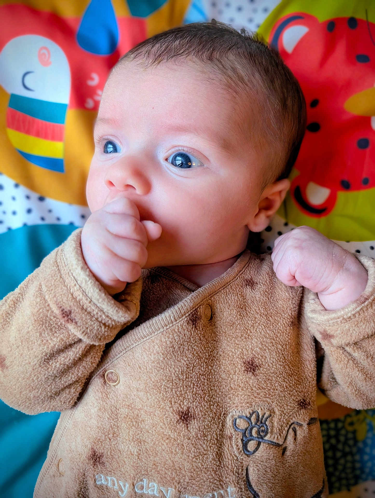 Leo joined the competition — help win amazing prizes! baby, infant, child, face, hand, thumb, clothing, brown_outfit, play_mat, colorful_background, cute, expression, portrait, indoors, young_child, soft_texture, animal_pattern, closeup, person, newborn