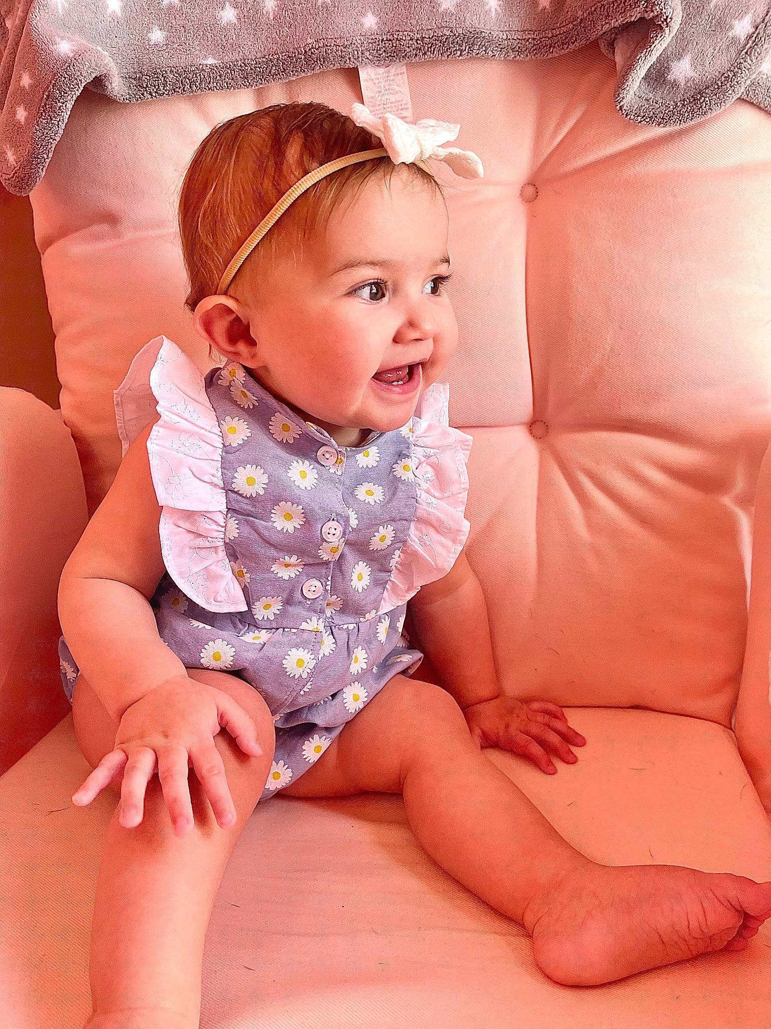 Stella joined the competition — help win amazing prizes! baby, baby_toddler_clothing, comfort, eye, facial_expression, finger, flash_photography, hairstyle, happy, headgear, human_body, leg, lip, mouth, neck, person, pink, purple, skin, smile