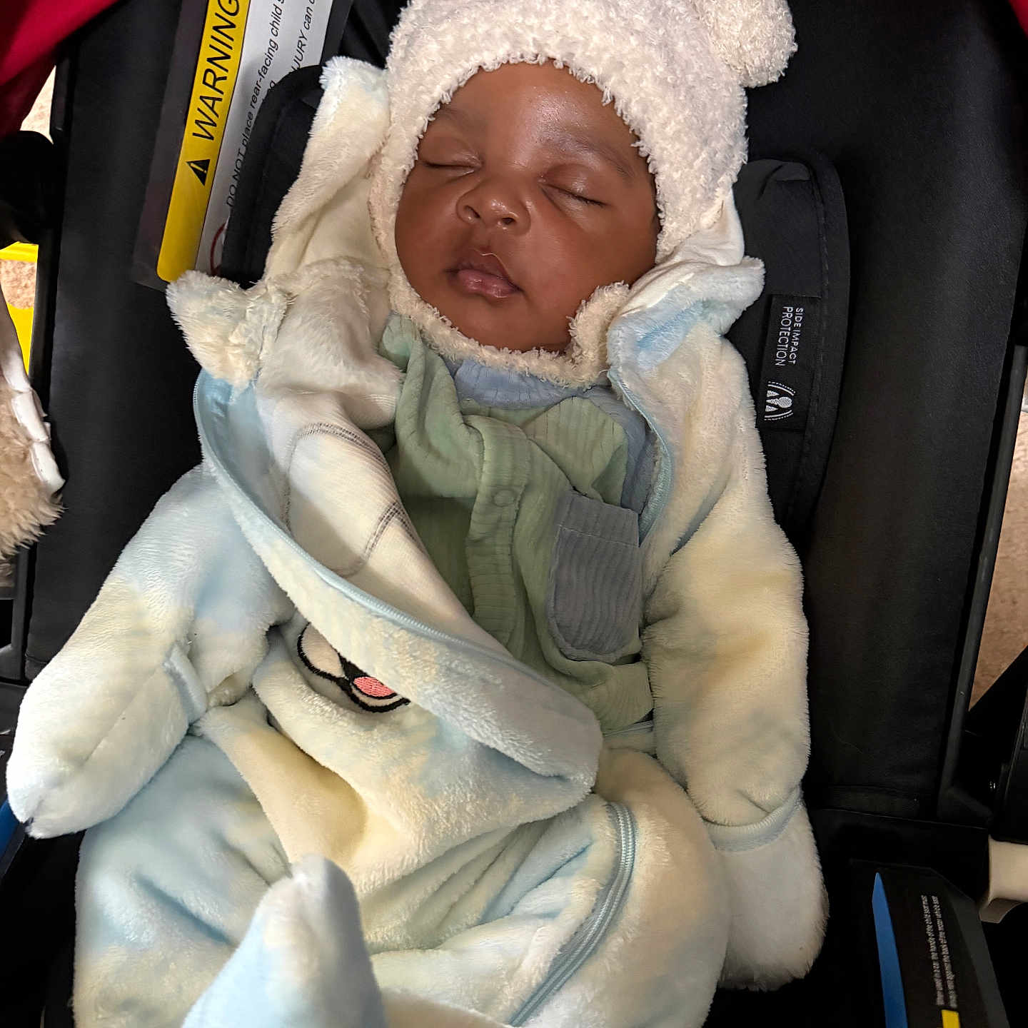 Romney Tau is registered to the contest to win money with this photo: baby, bundle, car_seat, child, clothing, coat, comfort, cute, face, hat, headwear, indoors, infant, portrait, rest, seat, sleeping, soft, warm, warning_label