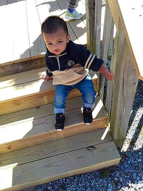 Kaidyn joined the competition — help win amazing prizes! baby_toddler_clothing, blue, boot, child, denim, electric_blue, flooring, fun, hardwood, house, jeans, leisure, outdoor_shoe, person, plank, sneakers, stairs, t_shirt, toddler, wood