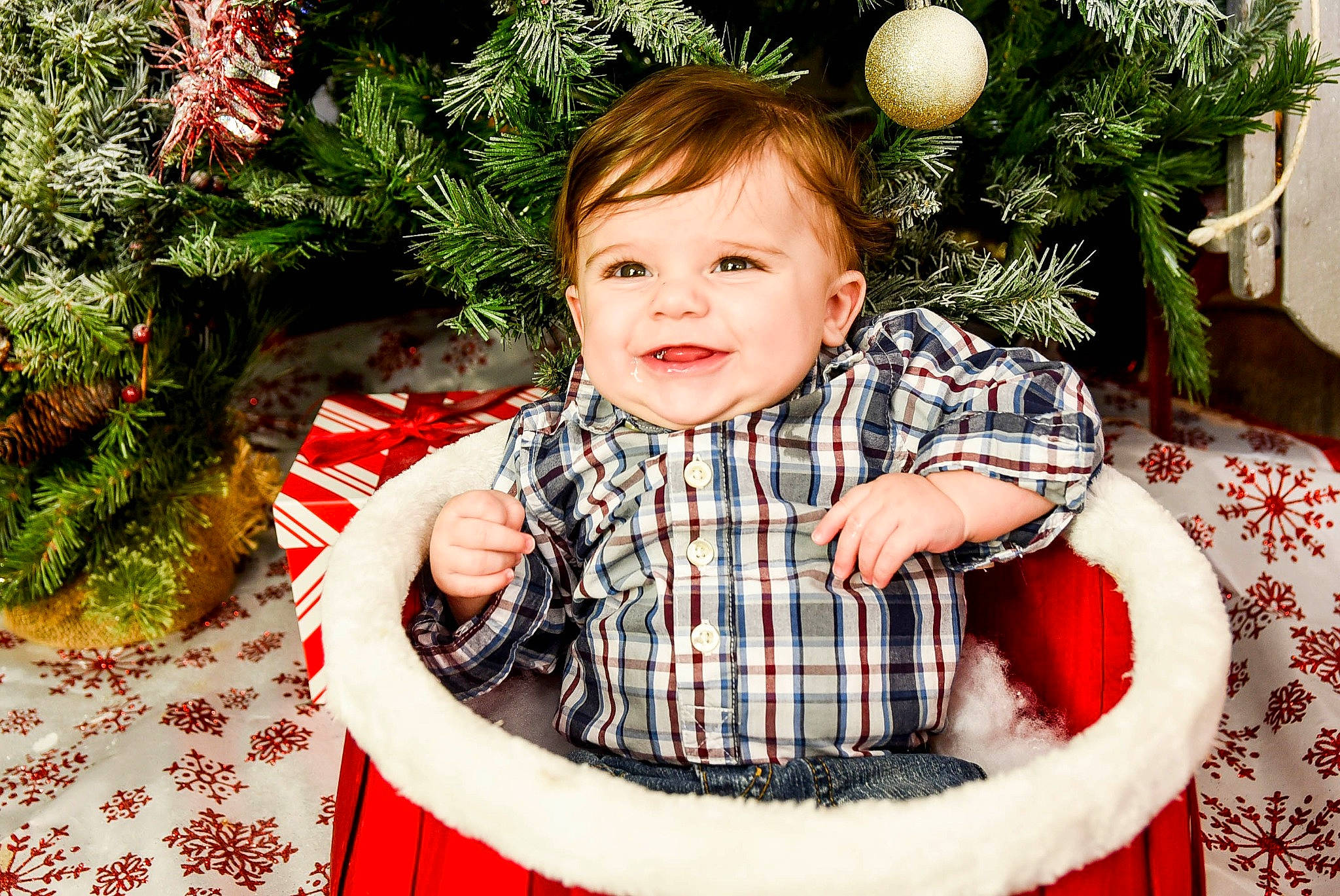 Larry is registered to the contest to win money with this photo: baby, child, christmas, christmas_decoration, christmas_eve, christmas_ornament, christmas_tree, design, fir, holiday, interior_design, pattern, person, pine_family, plaid, sitting, tartan, textile, toddler, tree