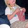 Miya participe au concours pour gagner de l'argent avec cette photo : child, girl, popcorn, smile, blonde_hair, theater, seat, white_tshirt, leopard_skirt, choker, snack, happy, indoor, casual_clothing, entertainment, portrait, person, food, fun, relaxation