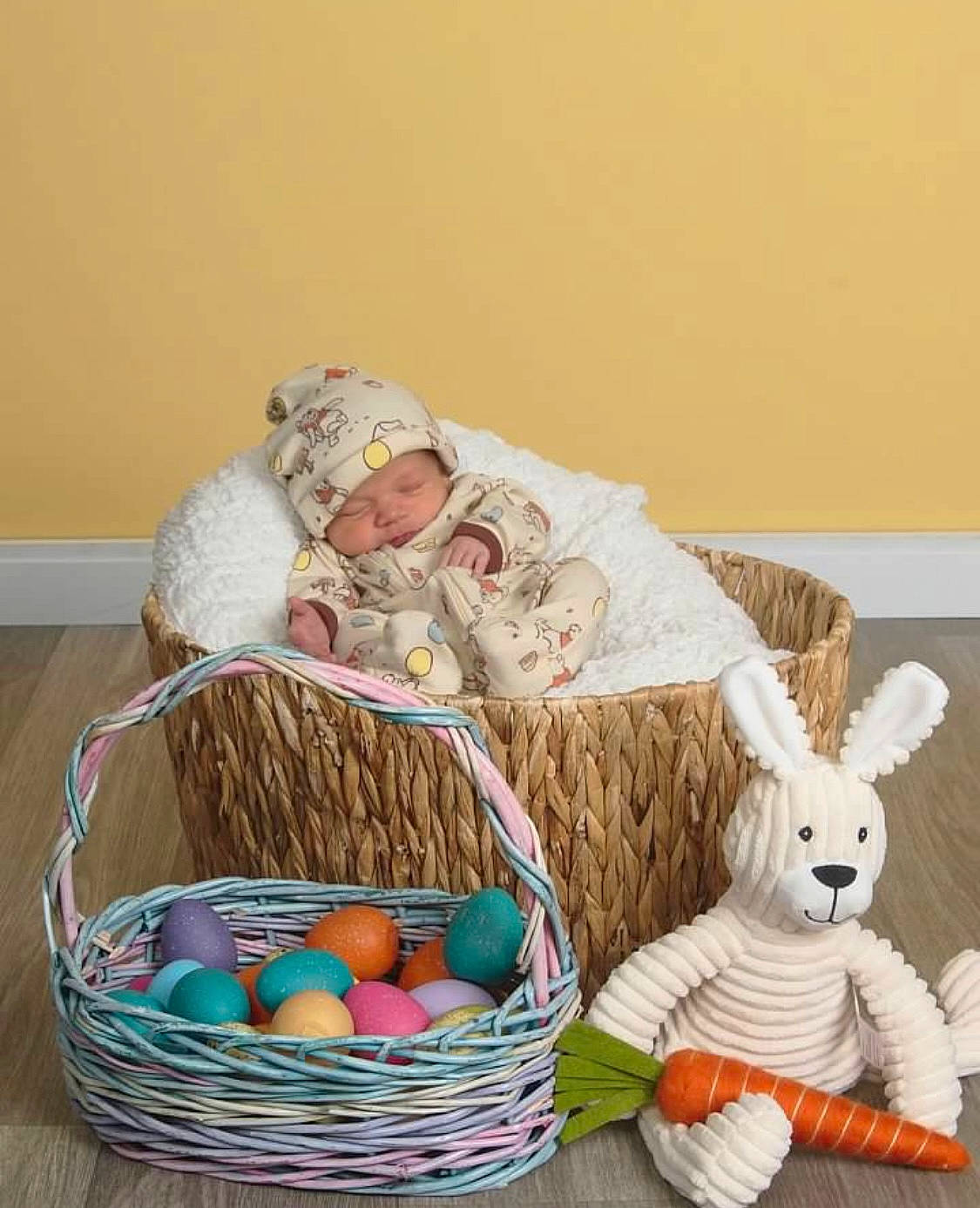 Graysen joined the competition — help win amazing prizes! baby, basket, child, comfort, easter, event, happy, headwear, holiday, mammal, person, room, sitting, smile, storage_basket, stuffed_toy, textile, toddler, toy, vertebrate