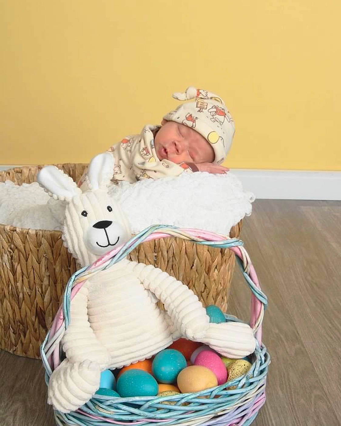 Graysen joined the competition — help win amazing prizes! baby, baby_products, baby_toddler_clothing, basket, child, comfort, easter, fur, hat, headwear, infant_bed, person, plush, sitting, storage_basket, stuffed_toy, thread, toddler, toy, wicker
