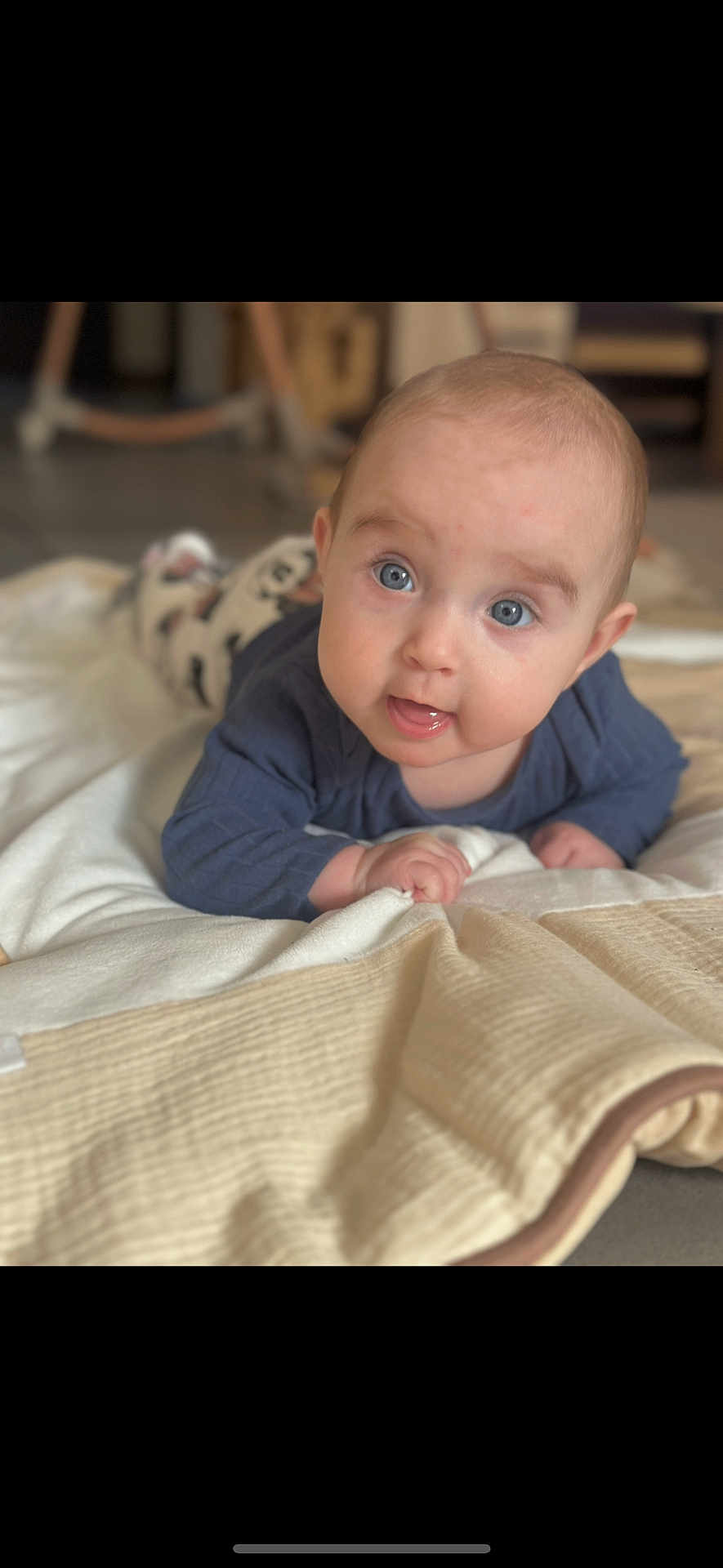 Alma participe au concours pour gagner de l'argent avec cette photo : baby, infant, blue_eyes, blanket, cute, face, child, person, lying_down, indoors, soft_lighting, cozy, clothing, long_sleeve, expression, looking_at_camera, head, skin, mouth_open, young