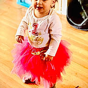 Mia joined the competition — help win amazing prizes! toddler, child, birthday, pink_tutu, white_shirt, number_one, standing, wooden_floor, indoor, curly_hair, celebration, cute, smiling, person, young_child, clothing, footwear, home, happy, party
