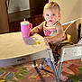 toddler, child, high_chair, sippy_cup, gummy_bears, table, play_mat, carpet, wooden_furniture, indoor, person, face, blue_eyes, clothing, plastic, cup, floor, hand, foot, curious