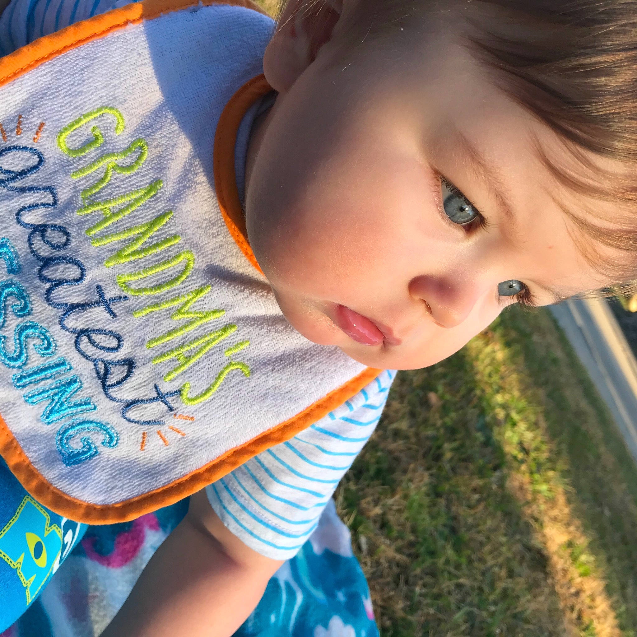 Dillon is registered to the contest to win money with this photo: baby_toddler_clothing, child, cool, facial_expression, grass, green, hand, happy, human, light, lip, mammal, organ, people_in_nature, person, plant, product, skin, toddler, tree
