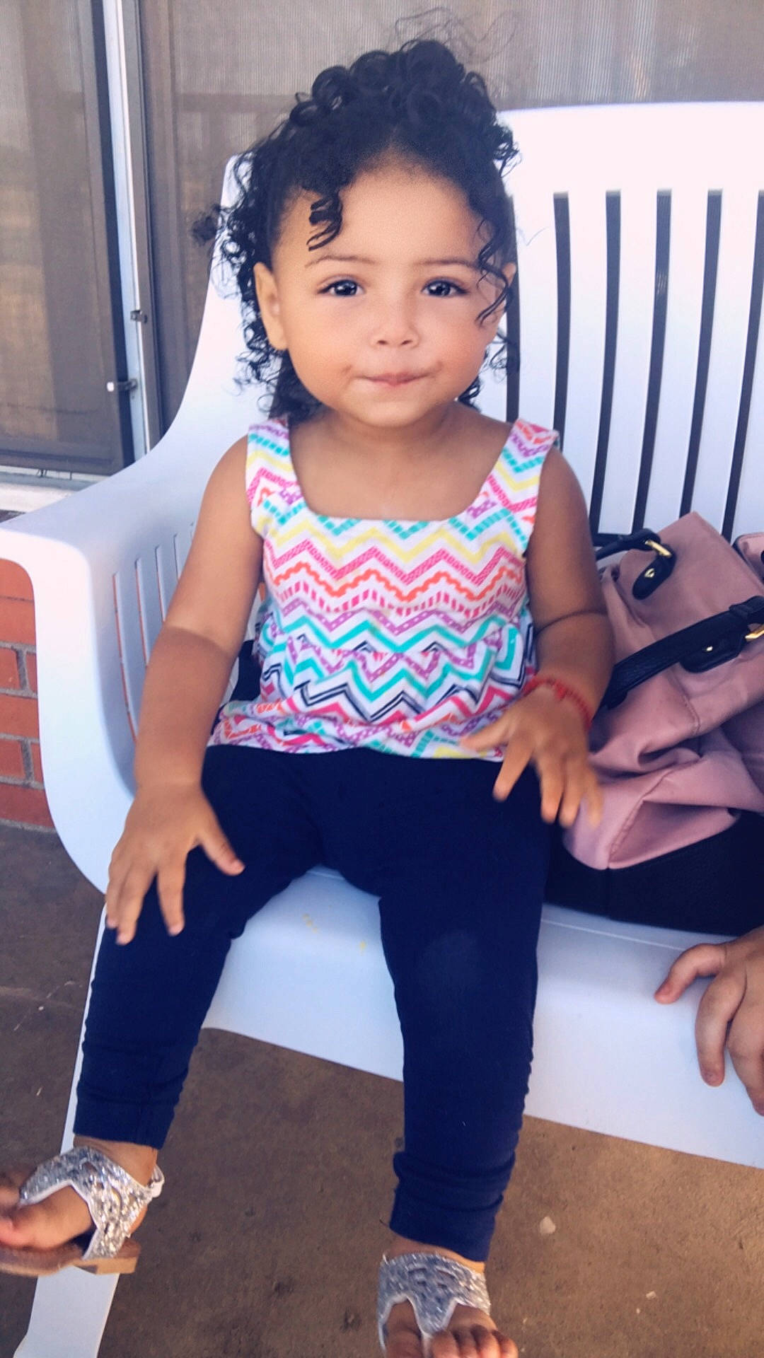 Giavana joined the competition — help win amazing prizes! abdomen, black_hair, child, child_model, day, girl, jeans, pattern, person, product, shoulder, sitting, toddler, trunk