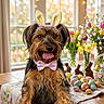 bow_tie, bunny_ears, chocolate_bunnies, cute, daffodils, dog, easter, eggs, flowers, indoor, painted_eggs, pet, portrait, small_dog, spring, table, tongue_out, tulips, vase, window