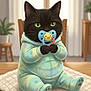 cat, black_cat, baby_pajamas, pacifier, digital_art, indoor, table, blanket, green_eyes, cute, animal, sitting, feline, childlike, soft_lighting, home_interior, plant, chair, wooden_table, pastel_colors