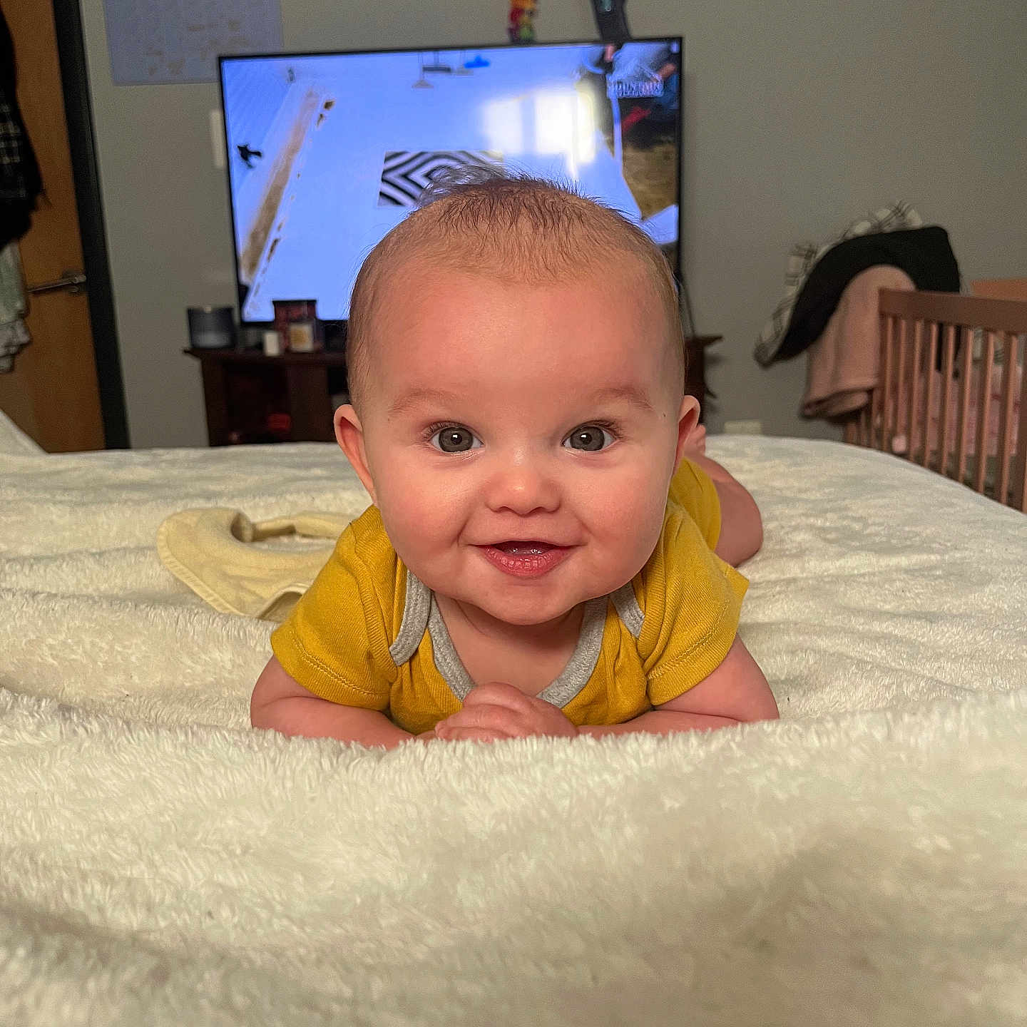 Lylah joined the competition — help win amazing prizes! ankle, architecture, baby, bed, bedroom, blanket, bodypart, building, cabinet, computer, computerhardware, computerkeyboard, couch, crawling, crib, cushion, electronics, entertainmentcenter, face, finger