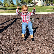 Xanderlee joined the competition — help win amazing prizes! child, toddler, swing, playground, outdoor, park, tree, grass, blue_sky, sunny, jeans, plaid_shirt, smiling, happy, person, playing, daylight, casual_clothing, shoes, shadow
