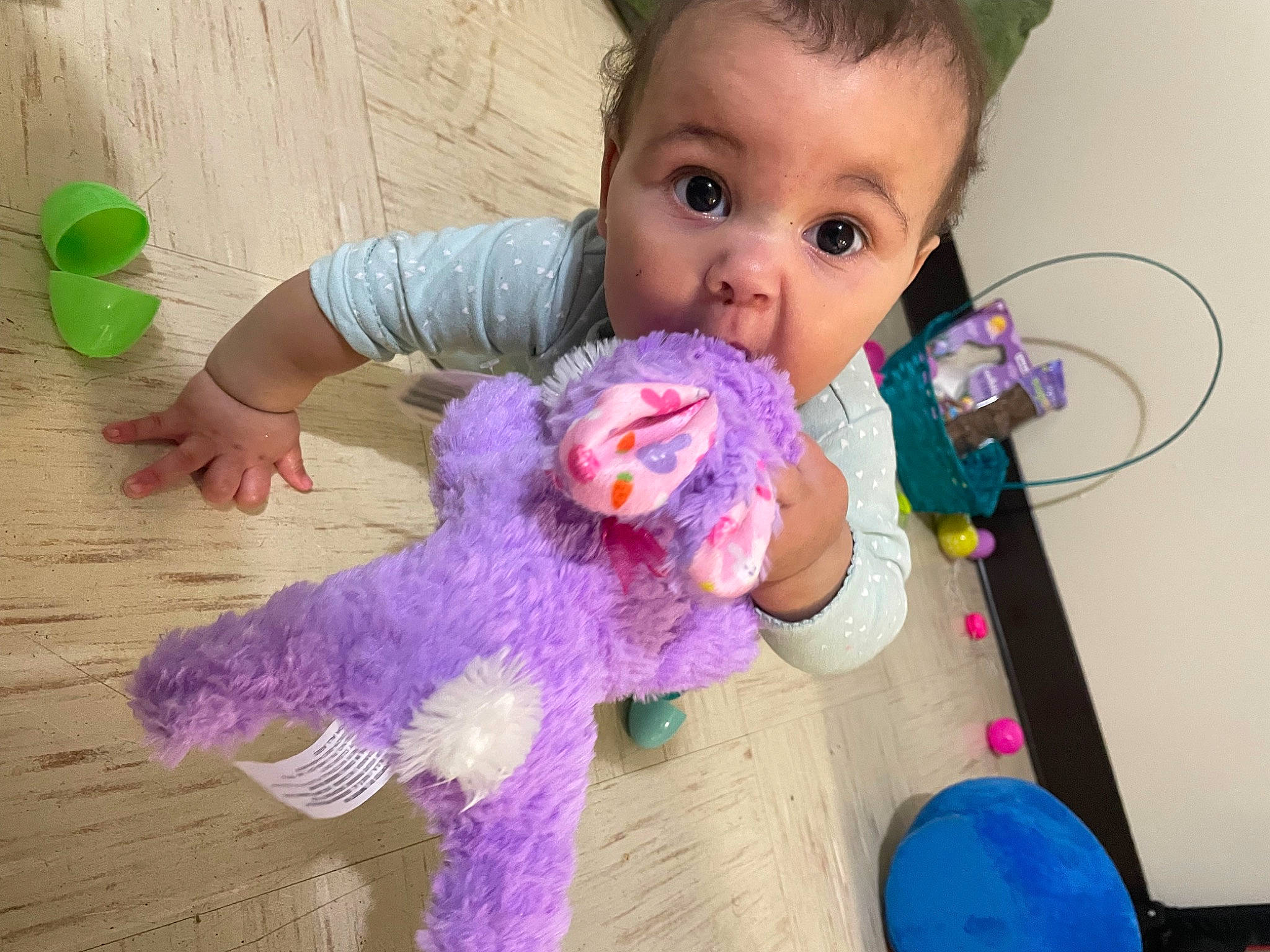 Harmony is registered to the contest to win money with this photo: baby, baby_playing_with_toys, baby_toddler_clothing, baby_toys, child, eyelash, finger, fun, magenta, nail, person, pink, play, plush, purple, stuffed_toy, surprise, textile, thumb, toddler