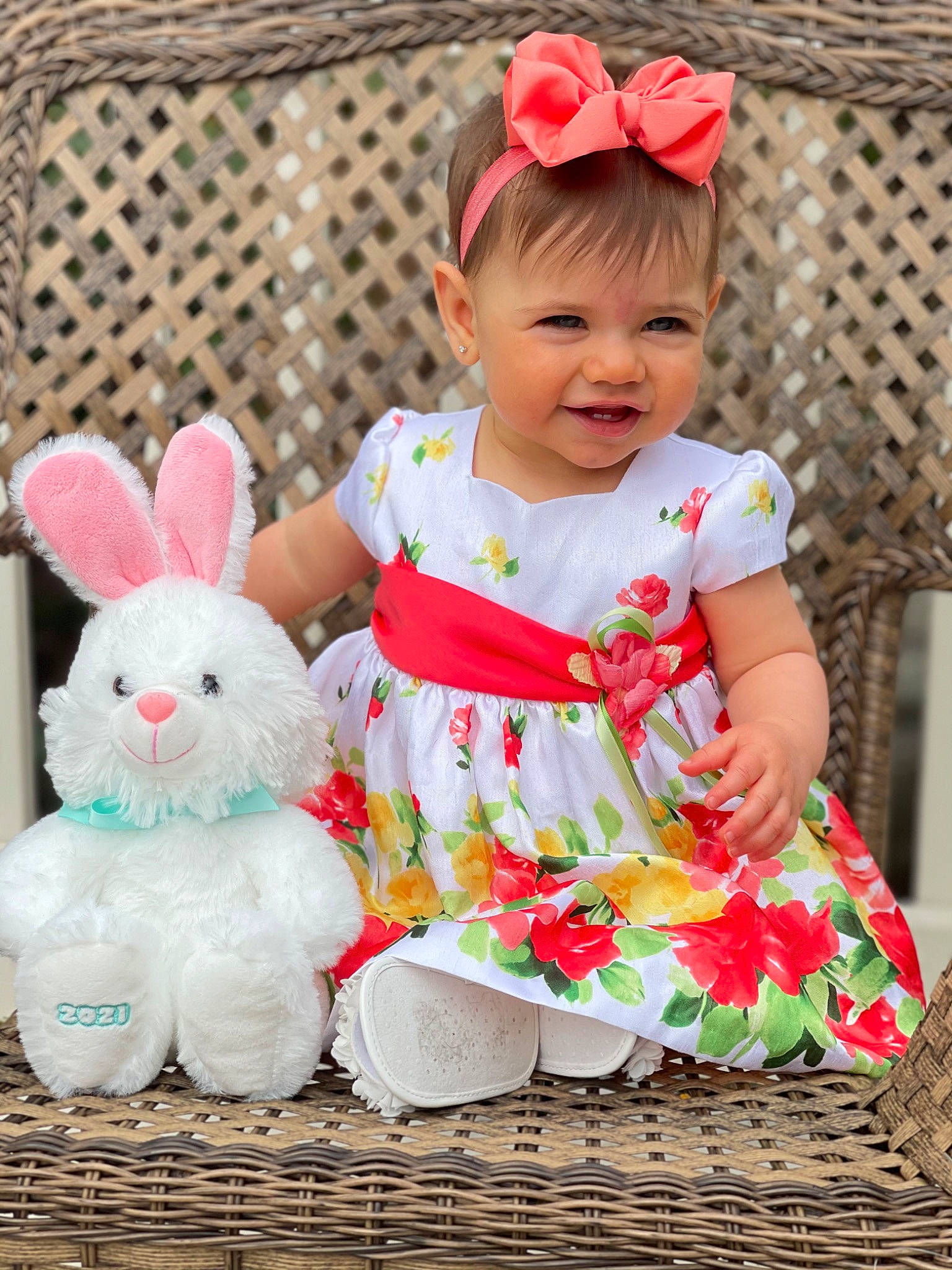 Harper Rose is registered to the contest to win money with this photo: baby, baby_toddler_clothing, beauty, clothing, dress, easter_bunny, event, happy, magenta, pattern, person, pink, rabbit, rabbits_and_hares, skin, sleeve, smile, textile, toddler, toy