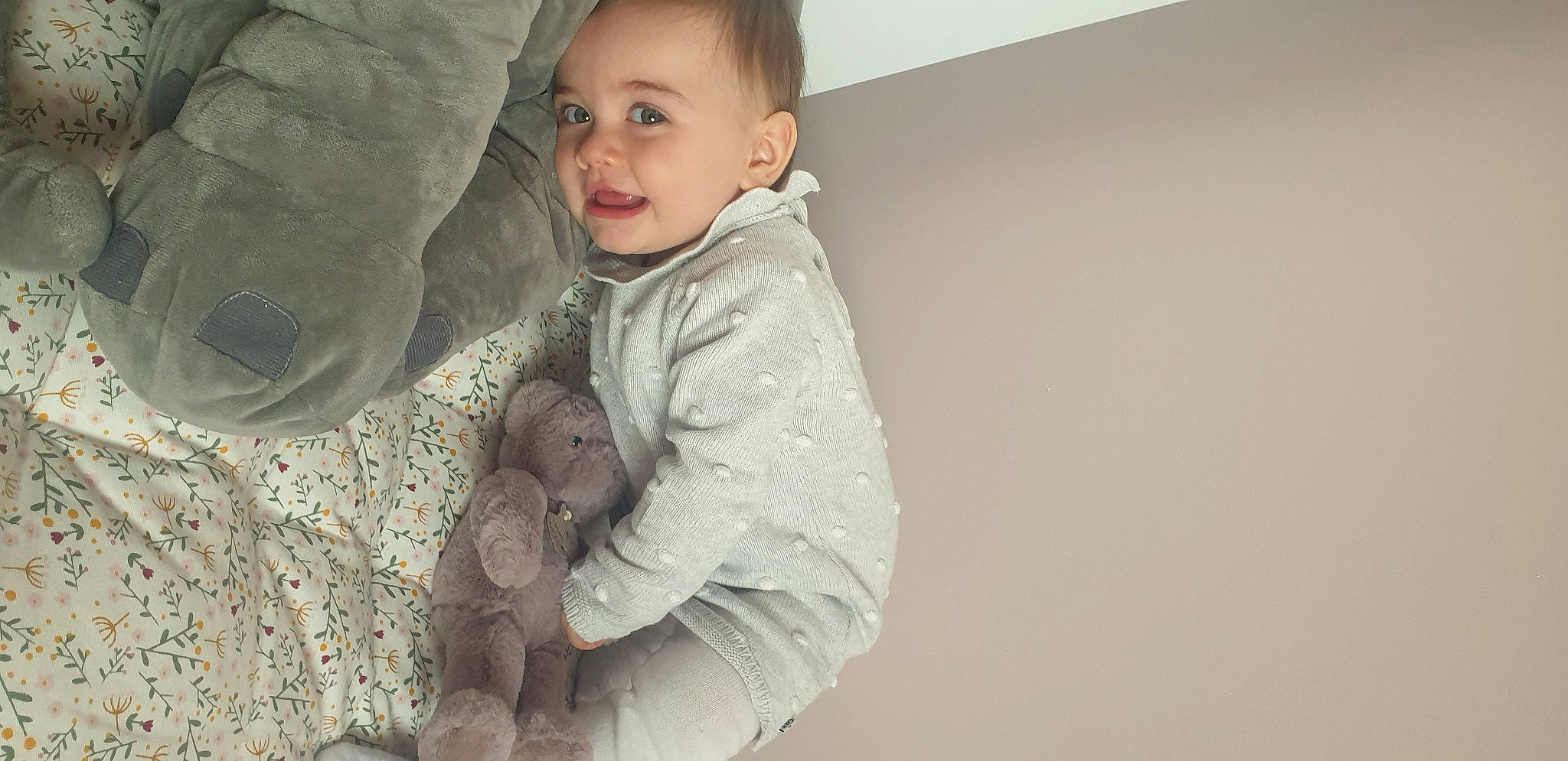 Ambre participe au concours pour gagner de l'argent avec cette photo : arm, baby, child, comfort, ear, face, facial_expression, finger, flash_photography, gesture, grey, happy, interaction, iris, nose, person, skin, sleeve, smile, toddler