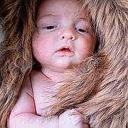 Jema participe au concours pour gagner de l'argent avec cette photo : baby, infant, face, fur, blanket, skin, sleepy, cute, soft, child, closeup, hand, wrapped, cozy, warm, natural_light, portrait, young, expression, resting