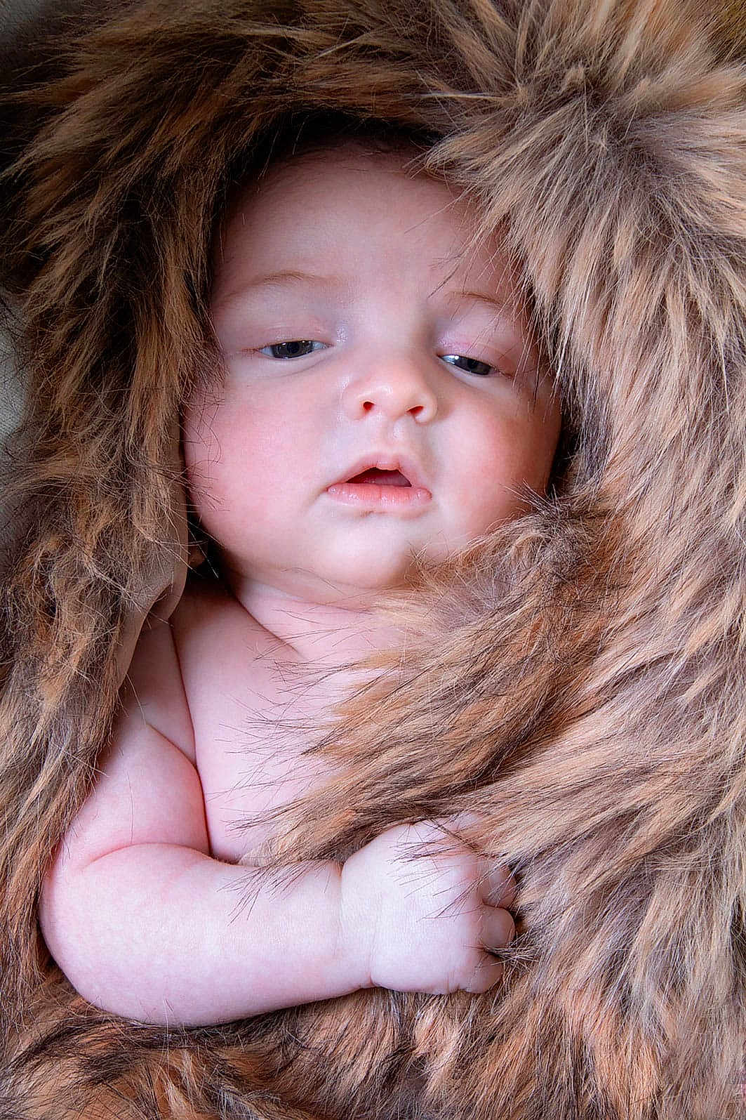 Jema participe au concours pour gagner de l'argent avec cette photo : baby, infant, face, fur, blanket, skin, sleepy, cute, soft, child, closeup, hand, wrapped, cozy, warm, natural_light, portrait, young, expression, resting