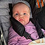 Adeline joined the competition — help win amazing prizes! baby, infant, newborn, stroller, harness, buckle, blanket, pink_clothing, blue_eyes, drool, face, cheeks, head, hand, clothing, fabric, closeup, portrait, safety_label, padding
