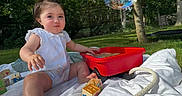 Mary is registered to the contest to win money with this photo: baby, blanket, bubble, child, cute, grass, greenery, happy, infant, nature, outdoor, park, playtime, red_toy, smile, summer, sunlight, toys, tree, wooden_blocks