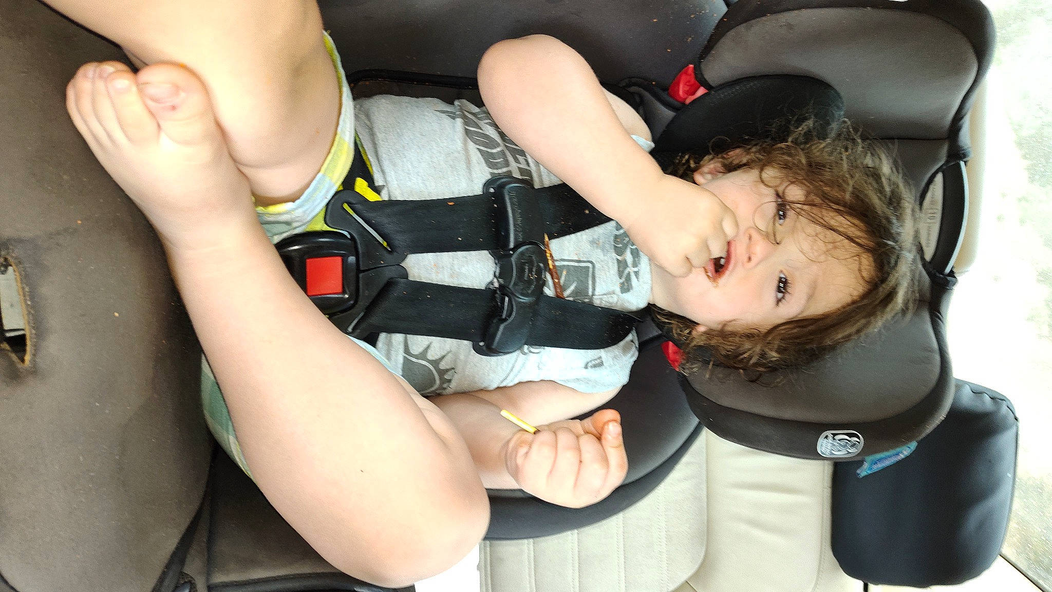 John is registered to the contest to win money with this photo: auto_part, baby_carriage, baby_products, car_seat, chest, child, comfort, elbow, fun, gesture, human_leg, knee, mouth, nail, person, personal_protective_equipment, thigh, thumb, toddler, trunk