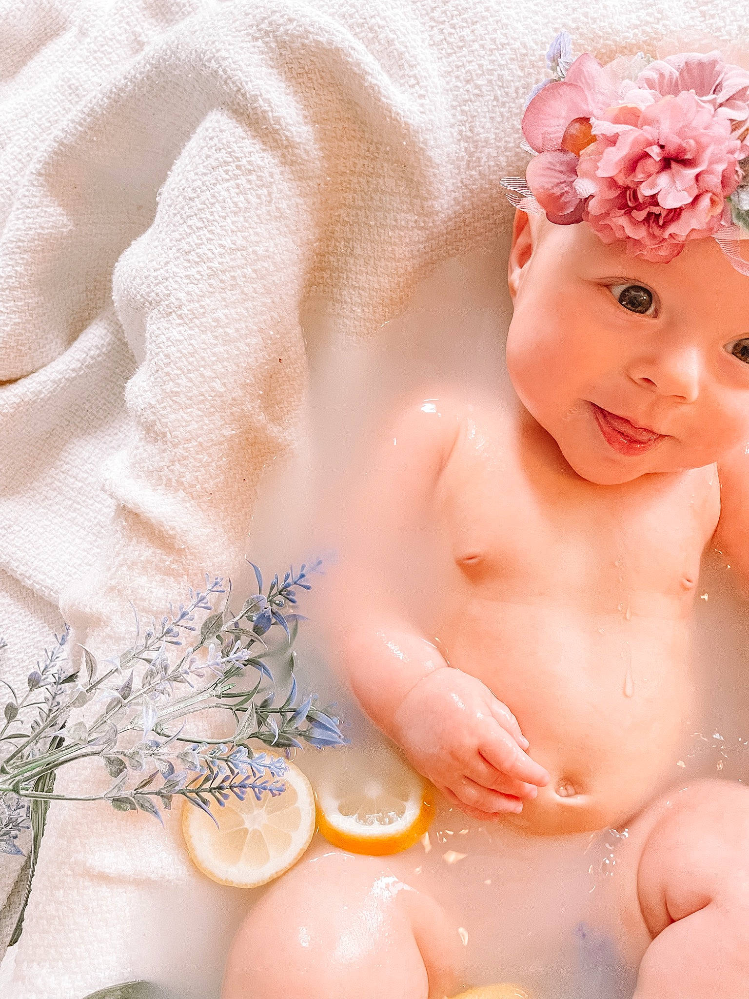 Emberlyn is registered to the contest to win money with this photo: baby, baby_bathing, baby_toddler_clothing, bathing, bathroom, beauty, chest, child, close_up, eyelash, finger, hand, happy, headwear, muscle, person, petal, pink, skin, smile