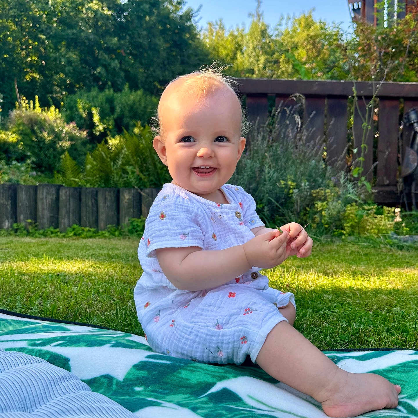 Mila Bella participe au concours pour gagner de l'argent avec cette photo : baby, blanket, child, clothing, cute, daylight, fence, garden, grass, greenery, happy, infant, nature, outdoor, playful, portrait, sitting, smiling, summer, sunlight
