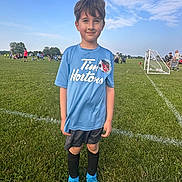 Odin is registered to the contest to win money with this photo: child, soccer, boy, field, grass, goal, sports, blue_shirt, cleats, outdoor, daytime, team, athlete, kids, playing, recreation, people, sky, clouds, sporting_event
