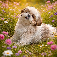 Magnolia joined the competition — help win amazing prizes! dog, fluffy, puppy, wildflowers, meadow, grass, sunlight, nature, outdoor, cute, playful, head_tilt, colorful, spring, summer, animal, pet, adorable, greenery, sunset