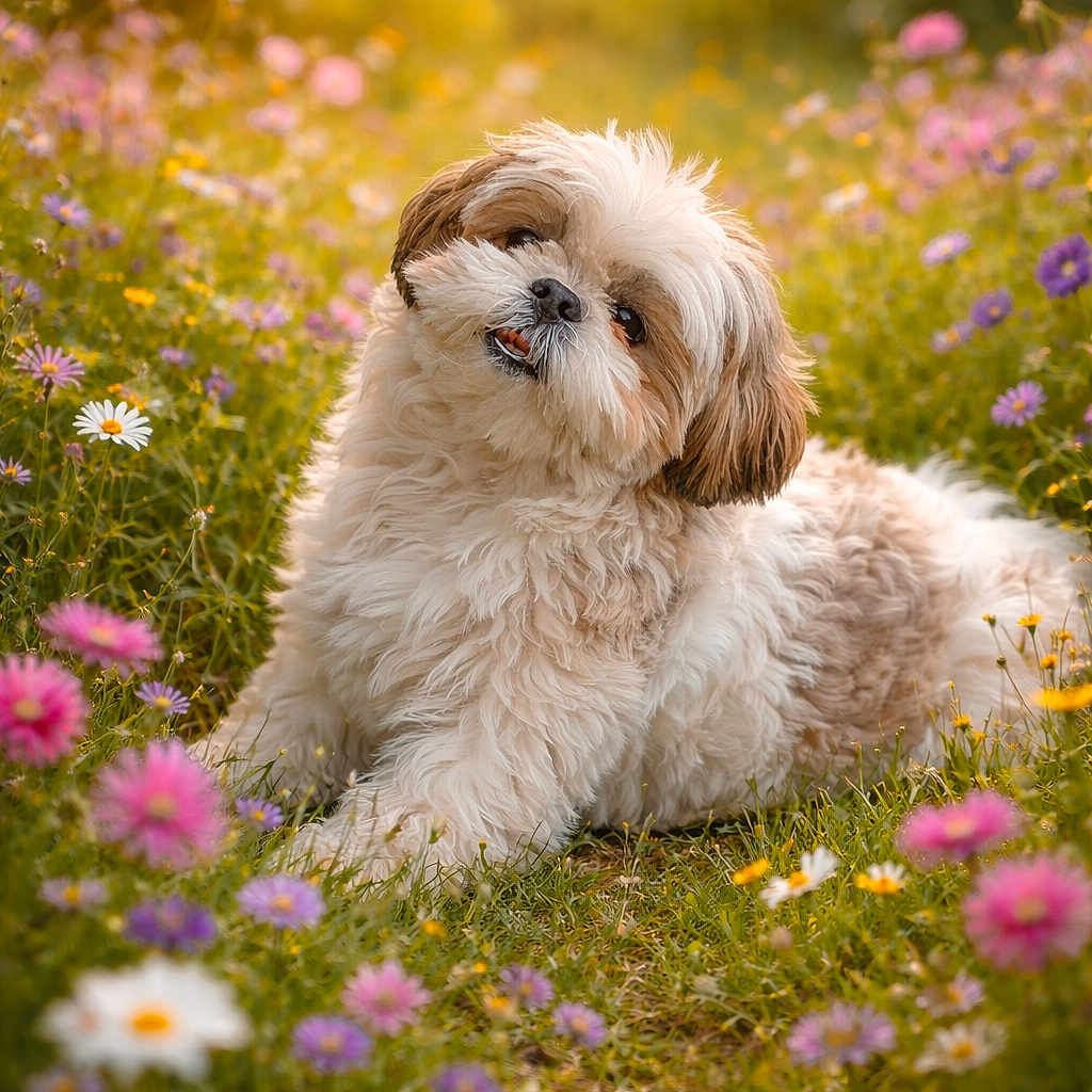 Magnolia joined the competition — help win amazing prizes! adorable, animal, colorful, cute, dog, fluffy, grass, greenery, head_tilt, meadow, nature, outdoor, pet, playful, puppy, spring, summer, sunlight, sunset, wildflowers