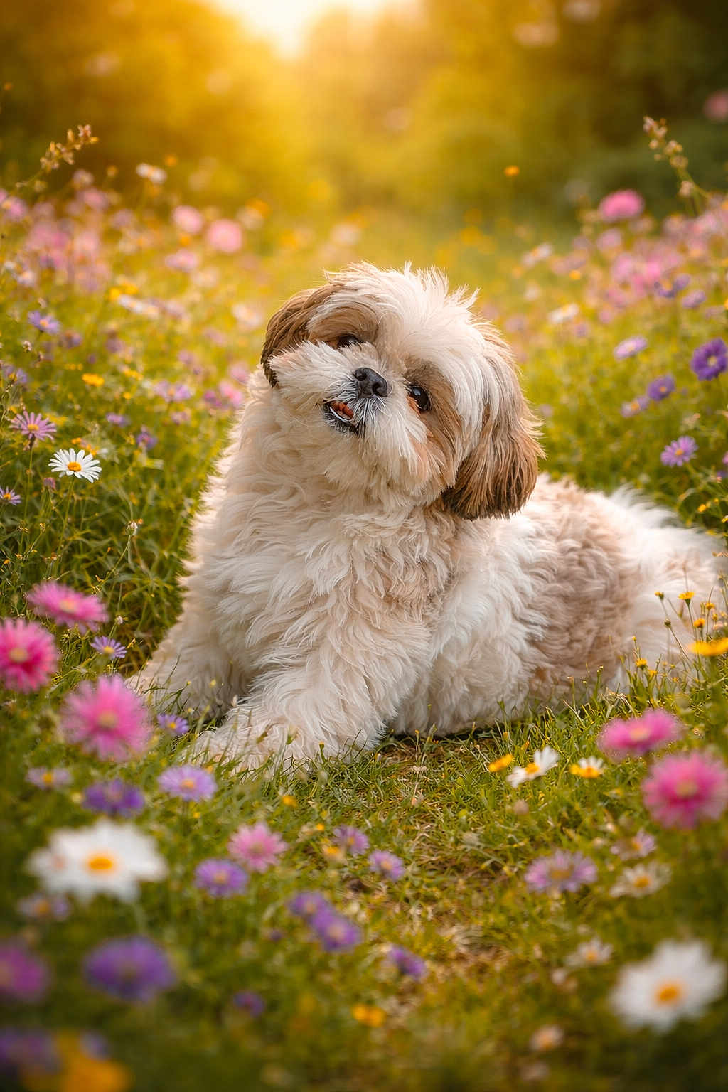 Magnolia joined the competition — help win amazing prizes! dog, fluffy, puppy, wildflowers, meadow, grass, sunlight, nature, outdoor, cute, playful, head_tilt, colorful, spring, summer, animal, pet, adorable, greenery, sunset
