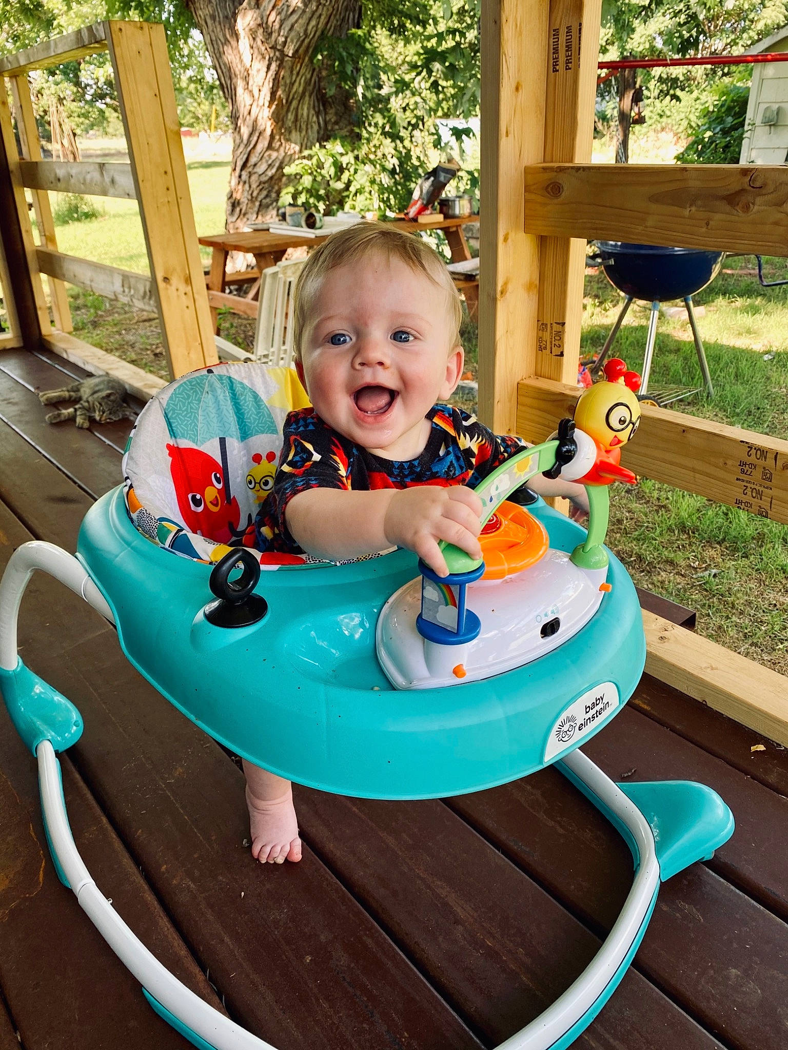 Ledger is registered to the contest to win money with this photo: baby_toddler_clothing, child, fun, grass, happy, leisure, outdoor_furniture, outdoor_play_equipment, person, plant, play, playground, public_space, recreation, sitting, smile, summer, table, toddler, tree