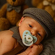 Preston joined the competition — help win amazing prizes! baby, pacifier, hat, teddy_bear, blurred_background, suspenders, infant, cute, sleepy, closeup, soft_texture, child, face, hand, bedroom, plush, resting, portrait, newborn, warm_lighting
