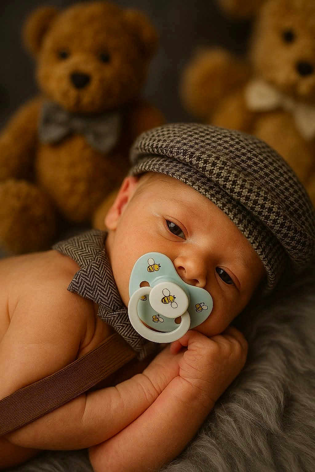Preston joined the competition — help win amazing prizes! baby, pacifier, hat, teddy_bear, blurred_background, suspenders, infant, cute, sleepy, closeup, soft_texture, child, face, hand, bedroom, plush, resting, portrait, newborn, warm_lighting