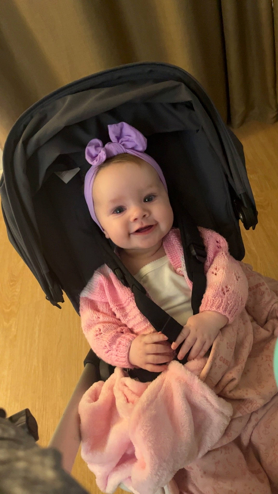 Esmé joined the competition — help win amazing prizes! baby, baby_products, baby_toddler_clothing, cheek, comfort, event, eye, eyebrow, fashion_accessory, fun, hair_accessory, happy, headgear, iris, joy, magenta, person, pink, purple, sleeve