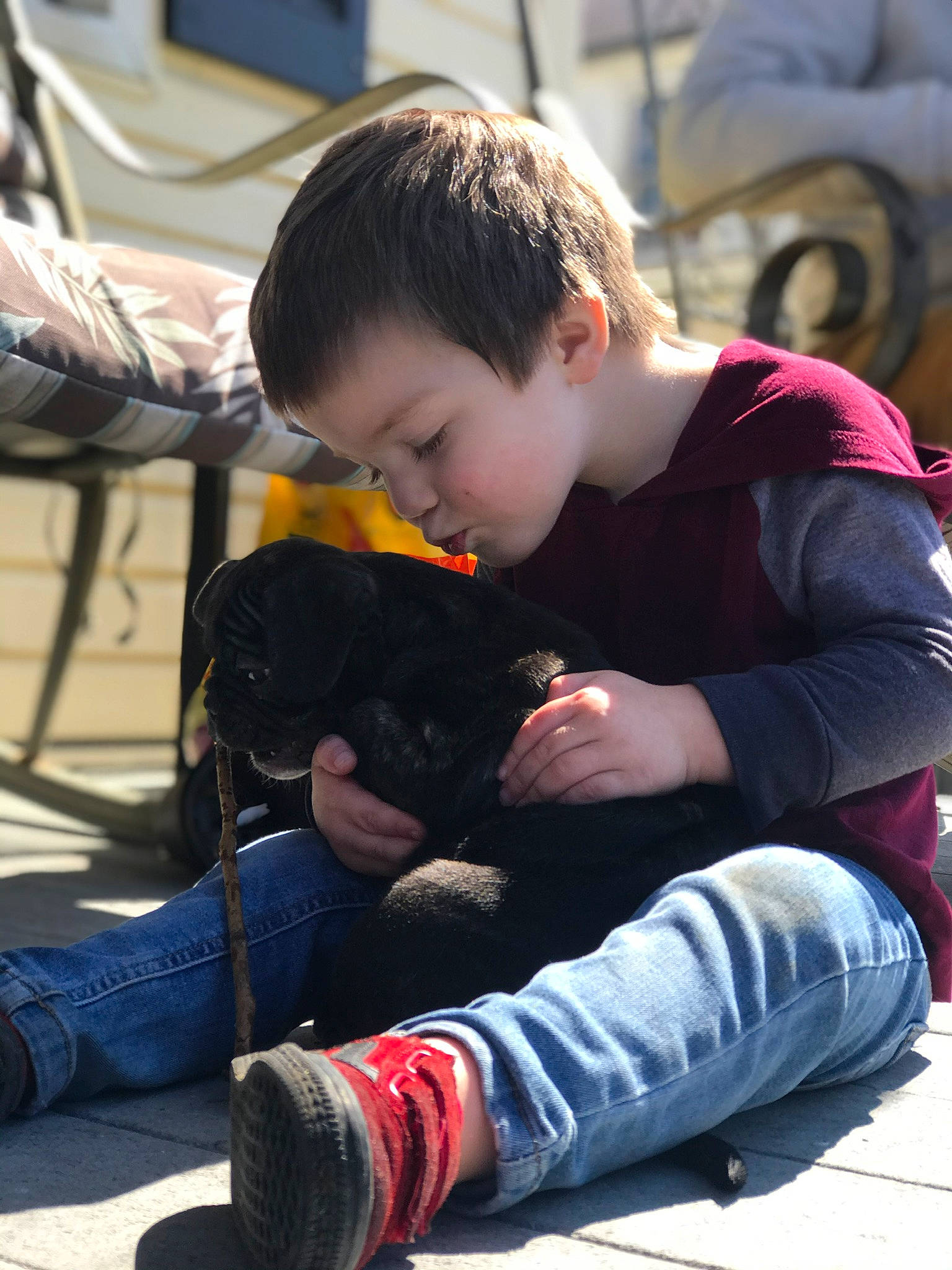 Grayson joined the competition — help win amazing prizes! carmine, chair, child, companion_dog, denim, flooring, fun, human_leg, jeans, leisure, pattern, person, recreation, sitting, toddler, tourism, toy, vacation