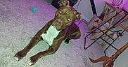 Hercules is registered to the contest to win money with this photo: dog, brown_dog, carpet, indoor, pet, animal, white_chest_patch, toy_ball, furniture, lamp, table, floor, looking_at_camera, flash, purple_light, household_items, relaxed, ears_up, pet_indoor, canine